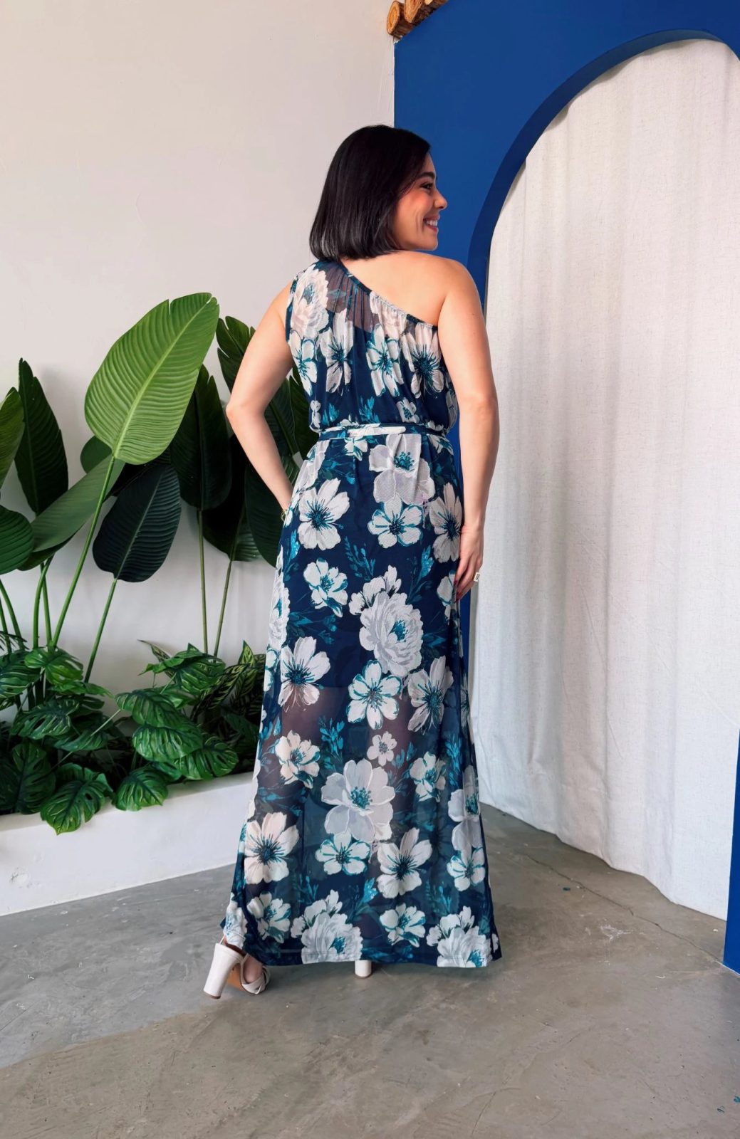 Vestido Tule Nula Manga azul