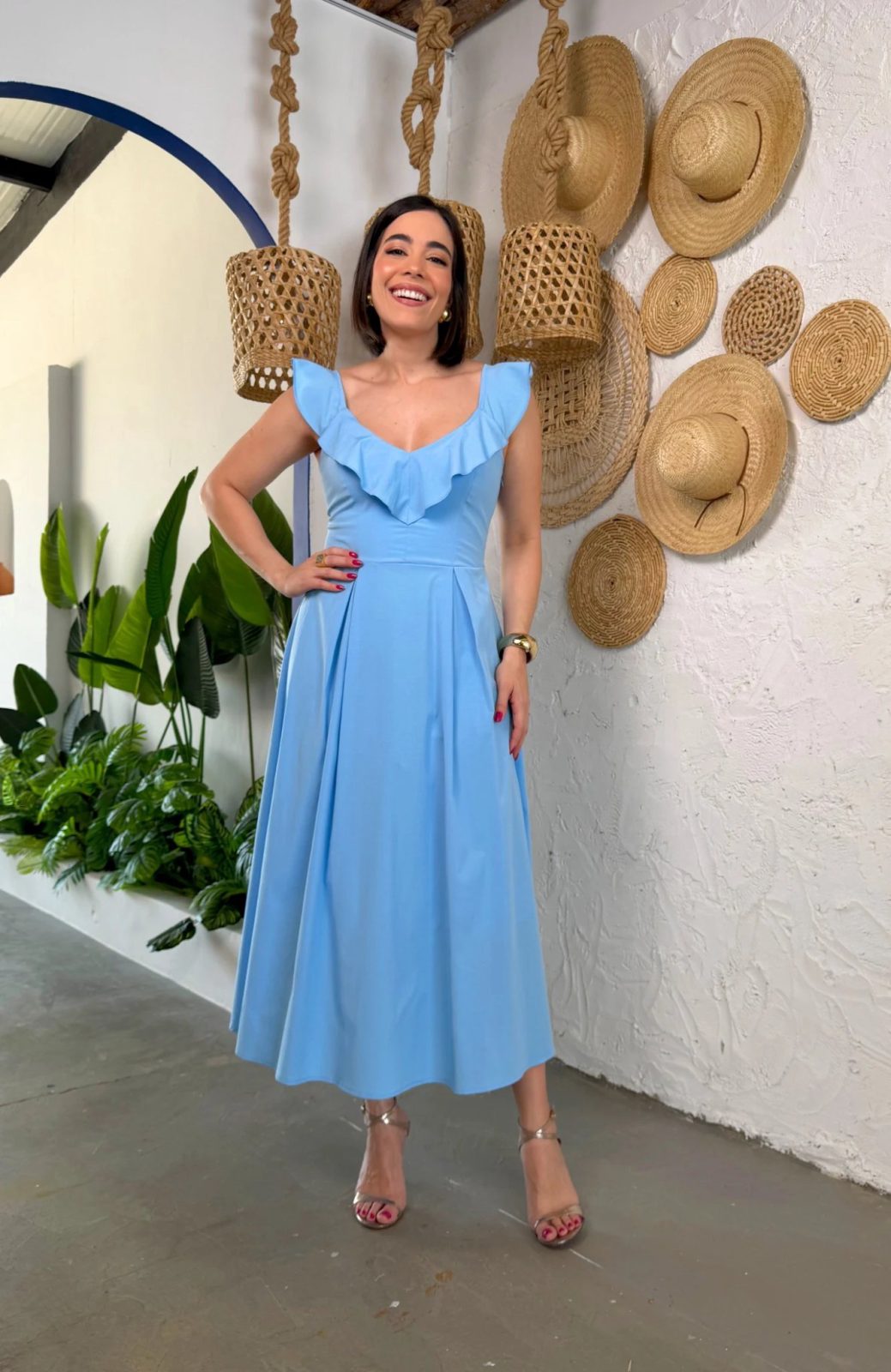 Vestido Midi Alça Babado azul claro