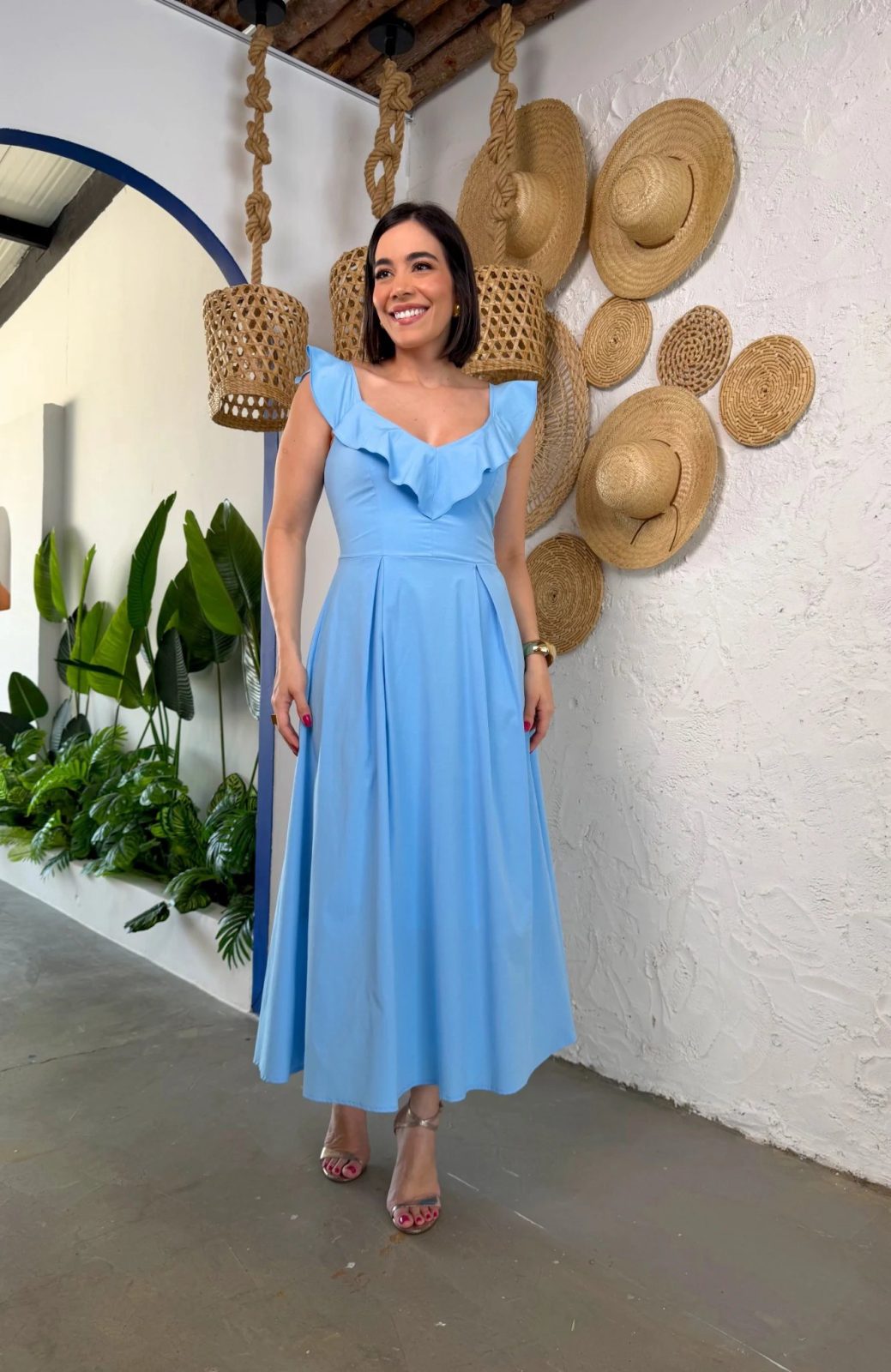 Vestido Midi Alça Babado azul claro