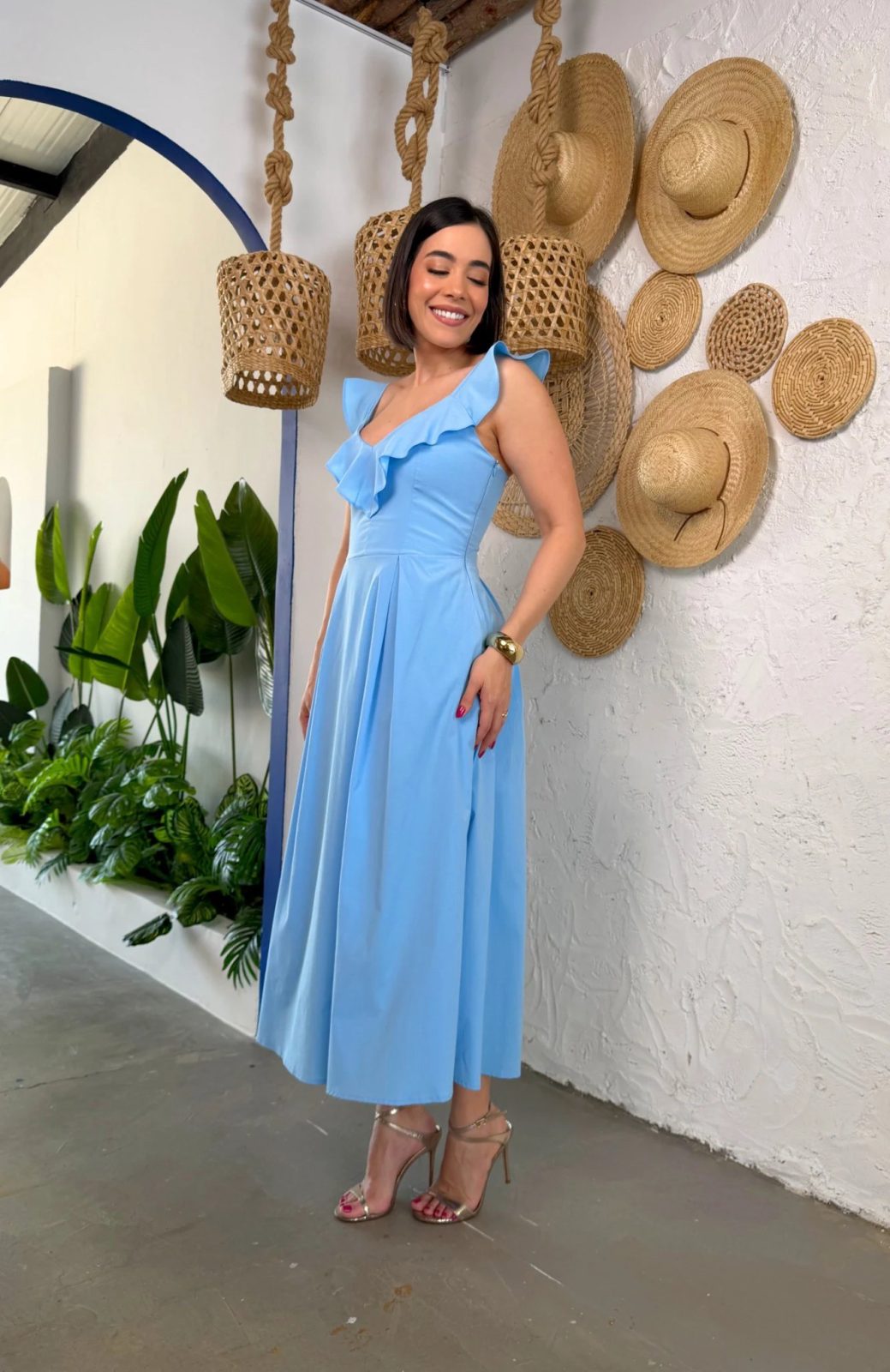 Vestido Midi Alça Babado azul claro