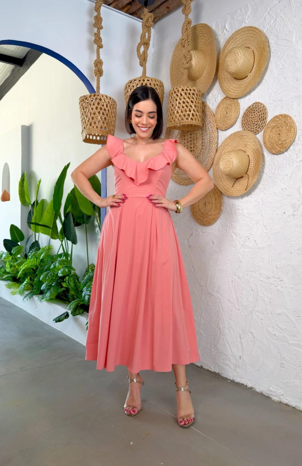 Vestido Midi Alça Babado pêssego