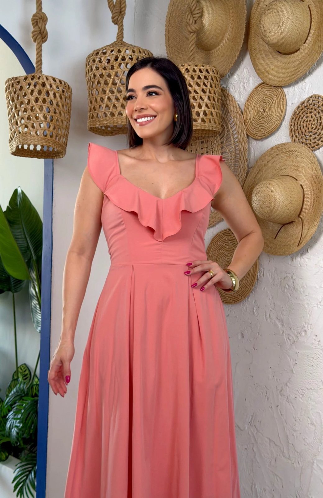 Vestido Midi Alça Babado pêssego