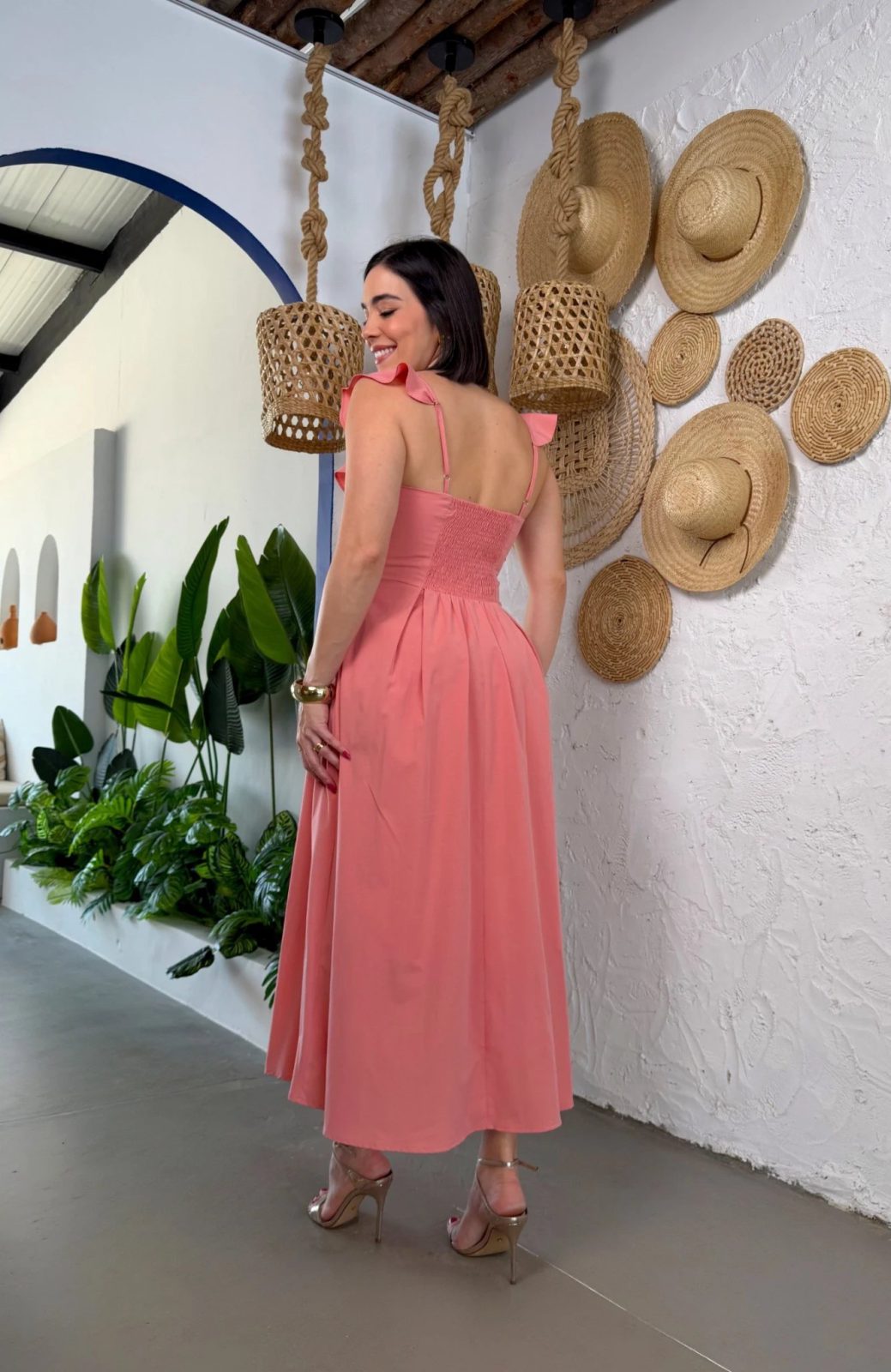 Vestido Midi Alça Babado pêssego
