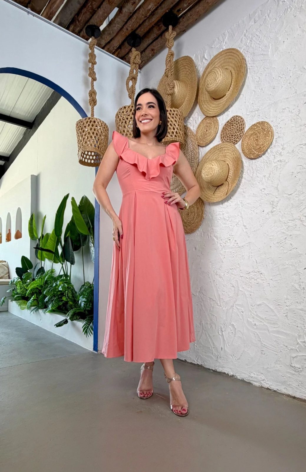 Vestido Midi Alça Babado pêssego