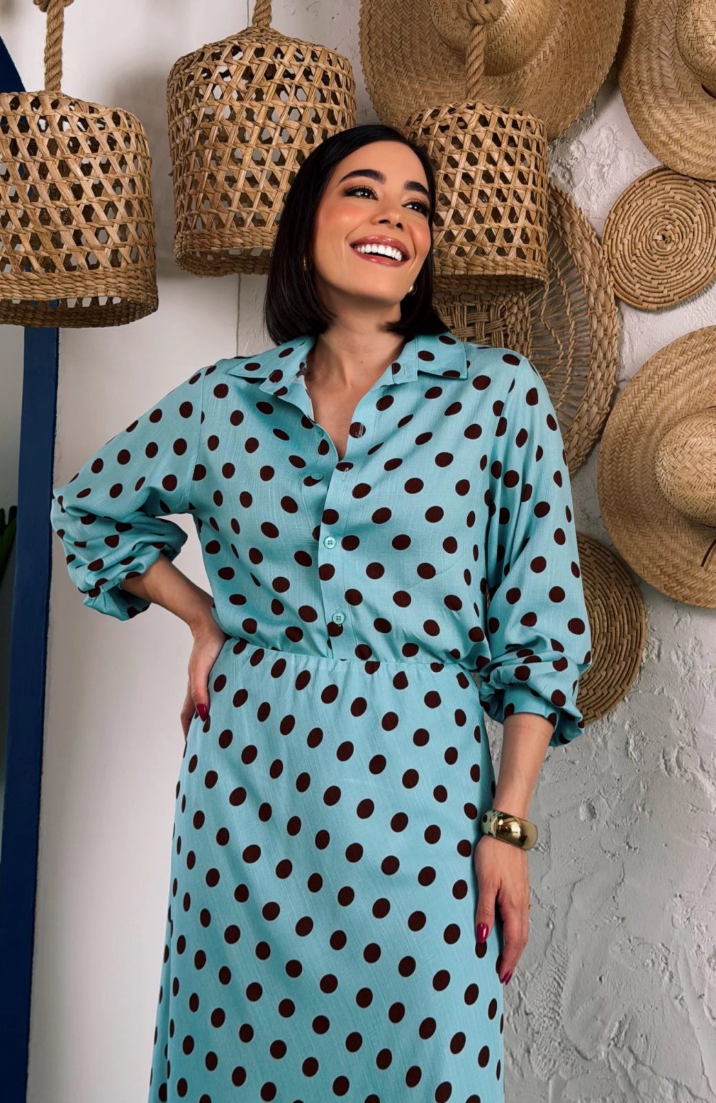 Saia Midi Poá azul claro